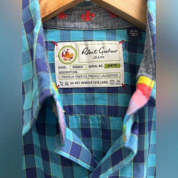 ROBERT GRAHAM JEANS Blue Plaid Check 100% Cotton Casual Dress Shirt Men medium - Picture 8 of 8